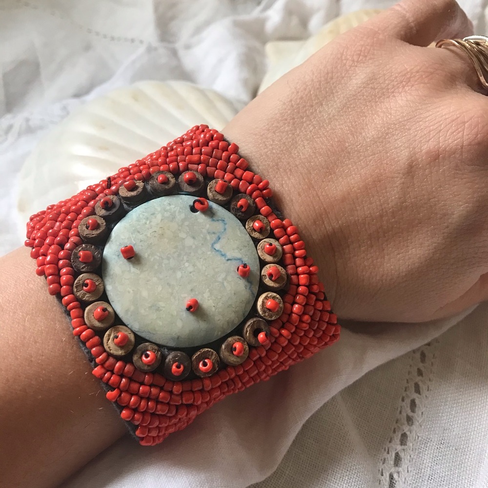 Indonesian Beaded Stone Cuff